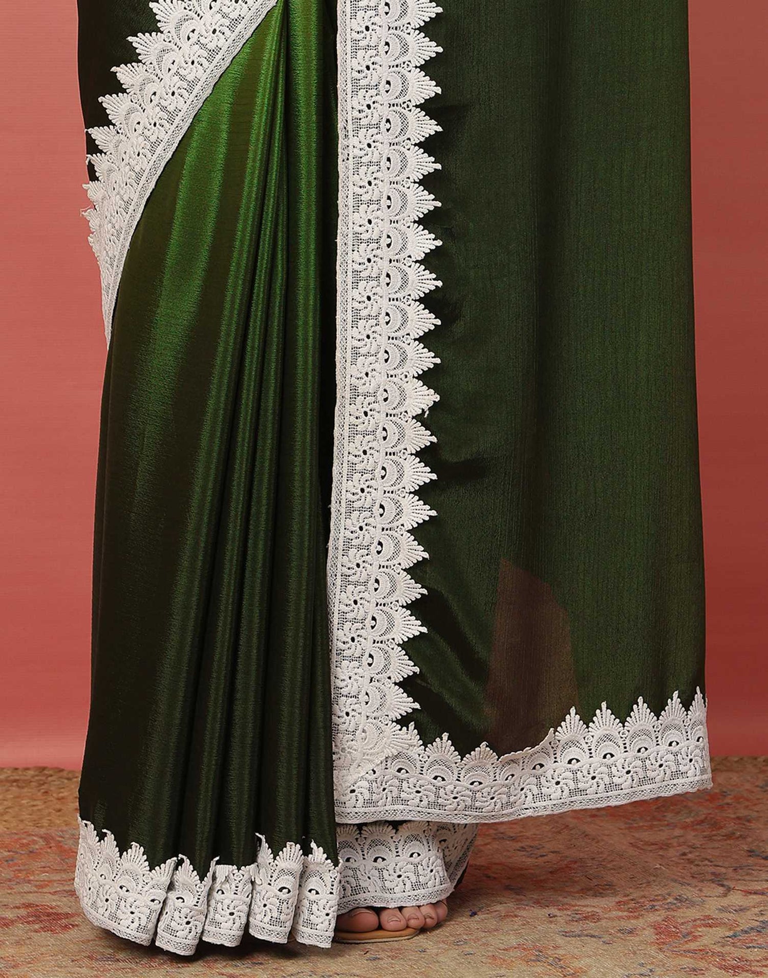 Light Green Chiffon Lace Plain Saree
