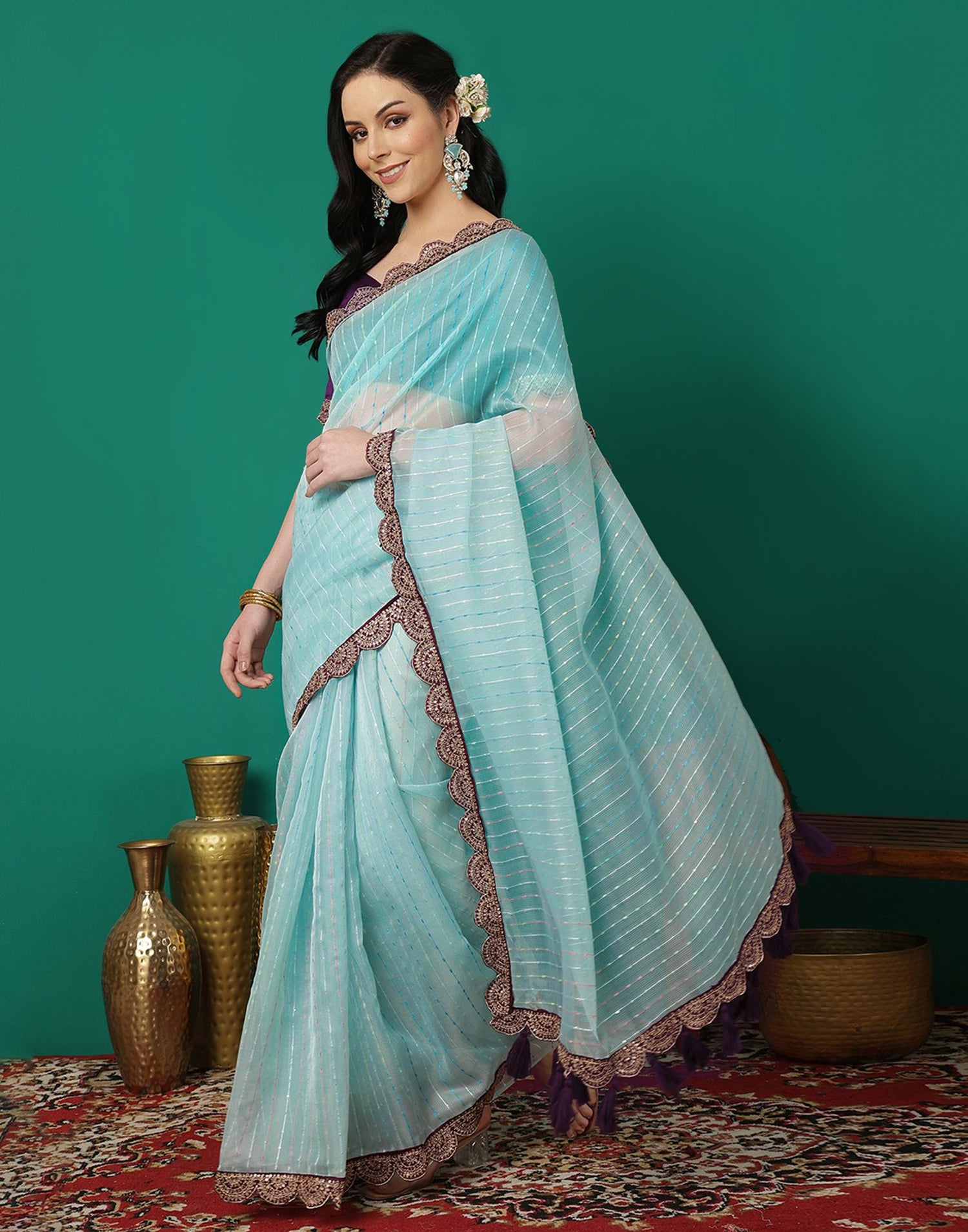 Sky Blue Organza Sequence Saree
