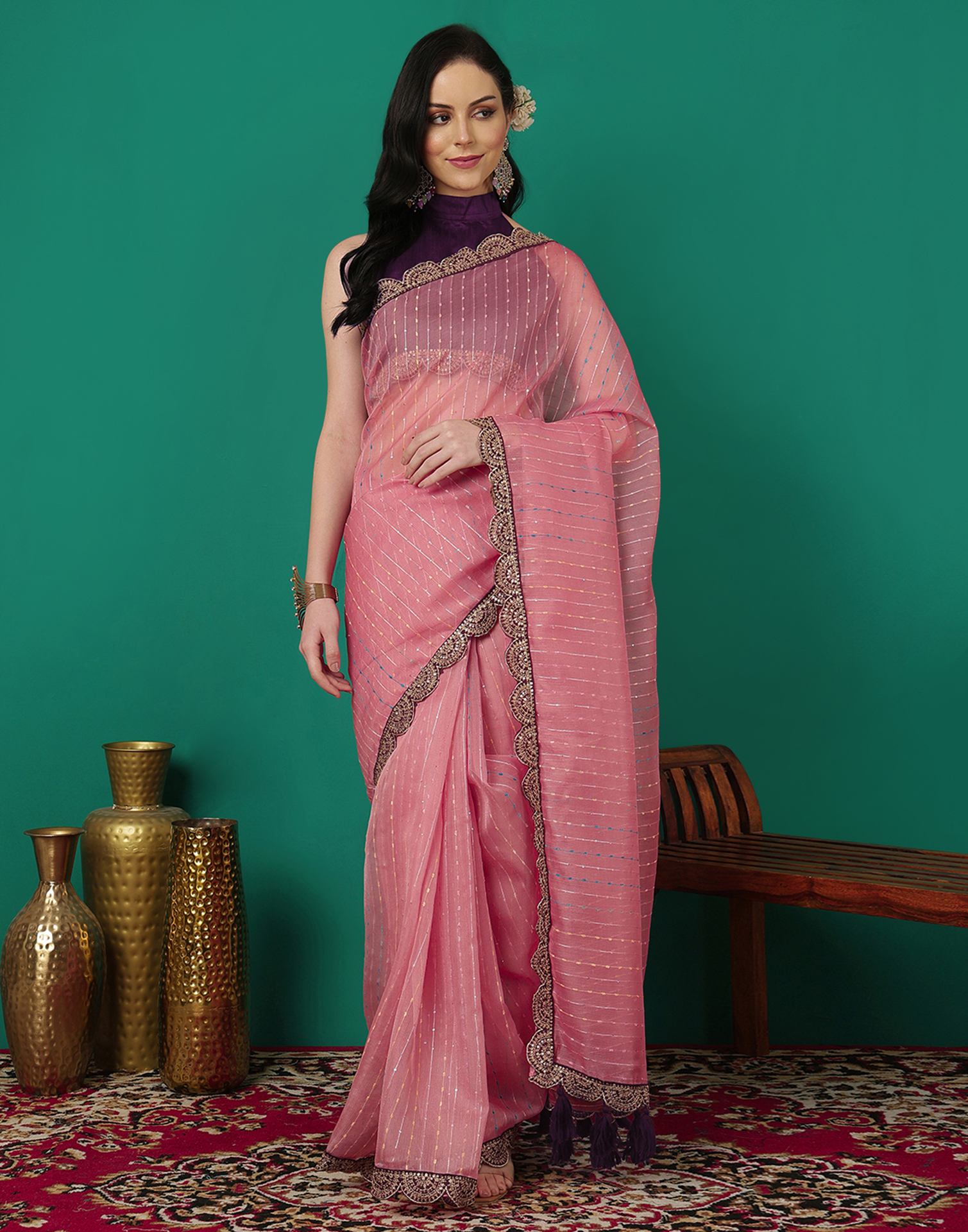 Rose Pink Organza Sequence Saree
