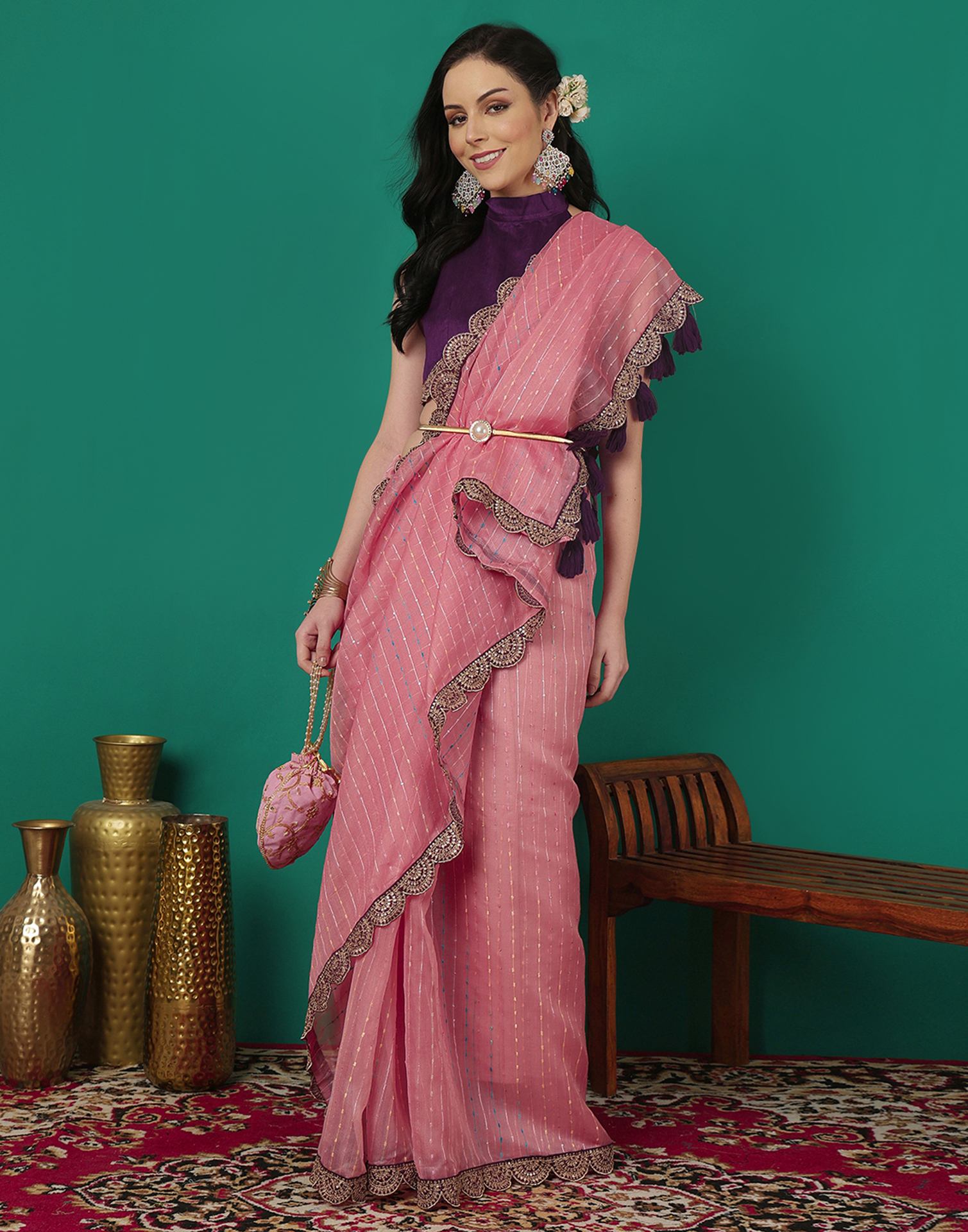 Rose Pink Organza Sequence Saree
