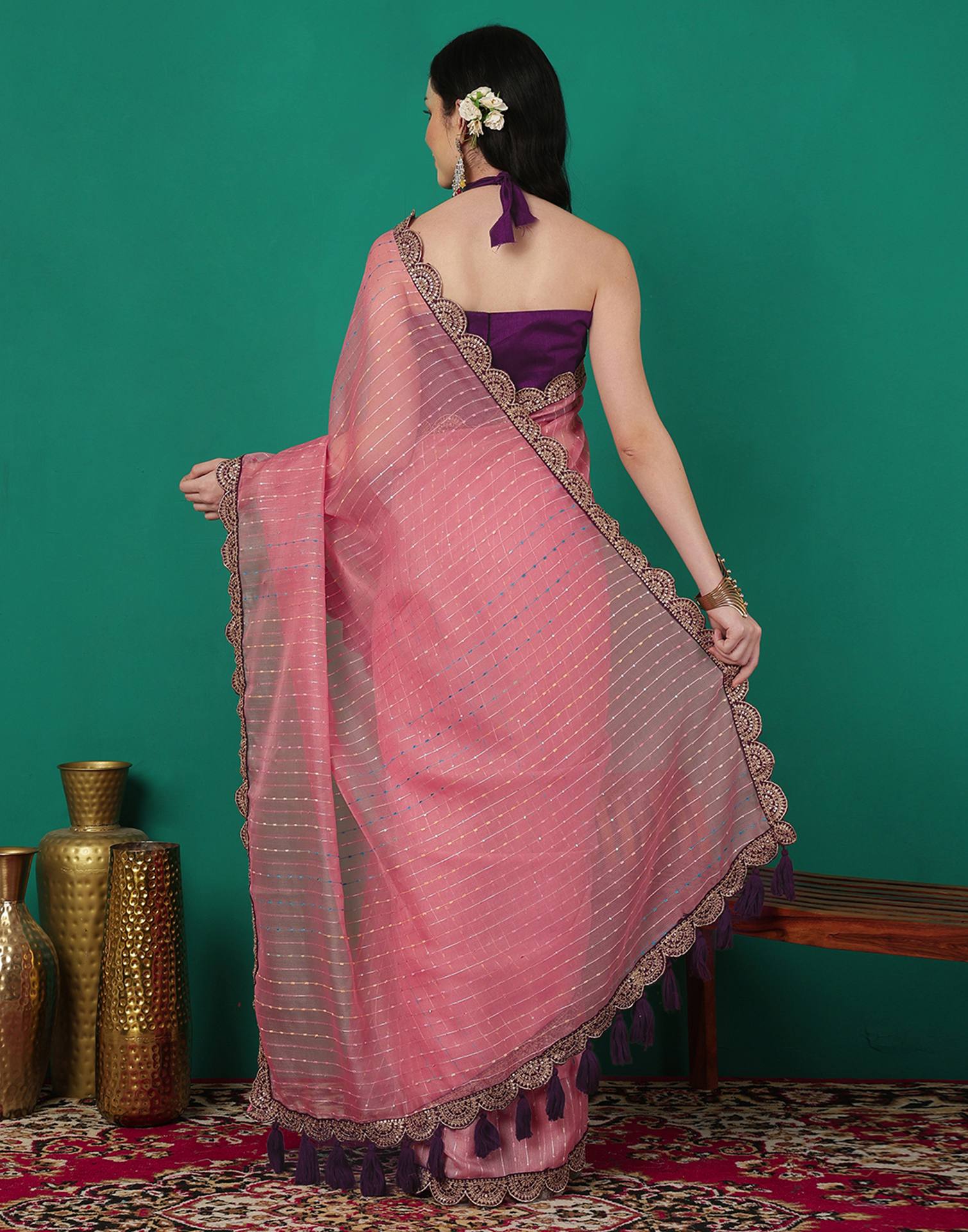 Rose Pink Organza Sequence Saree