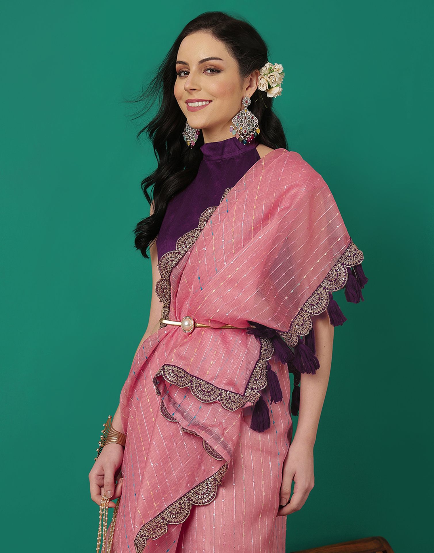 Rose Pink Organza Sequence Saree