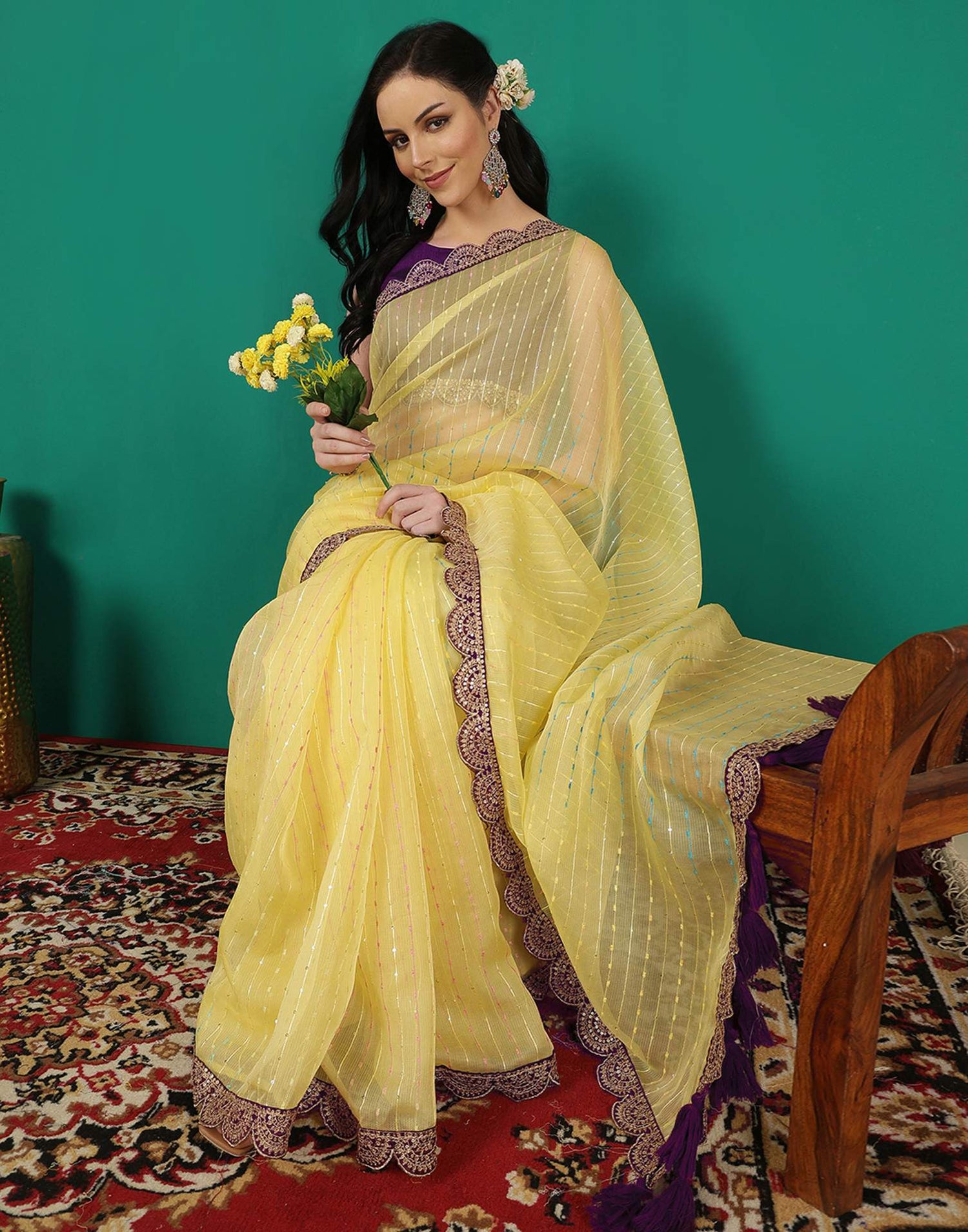 Yellow Organza Sequence Saree