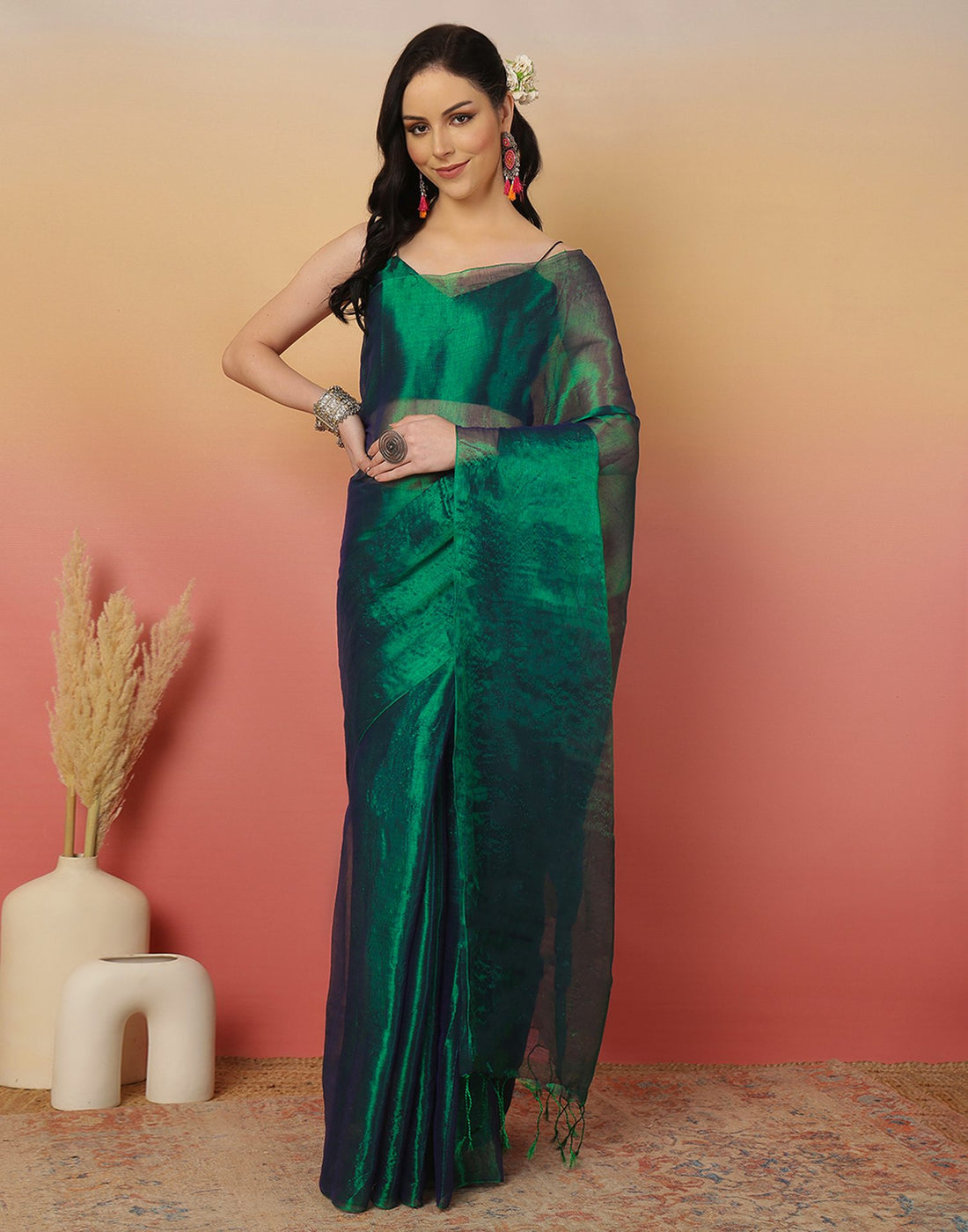 Peacock Green Tissue Silk Top Dyed Plain Saree