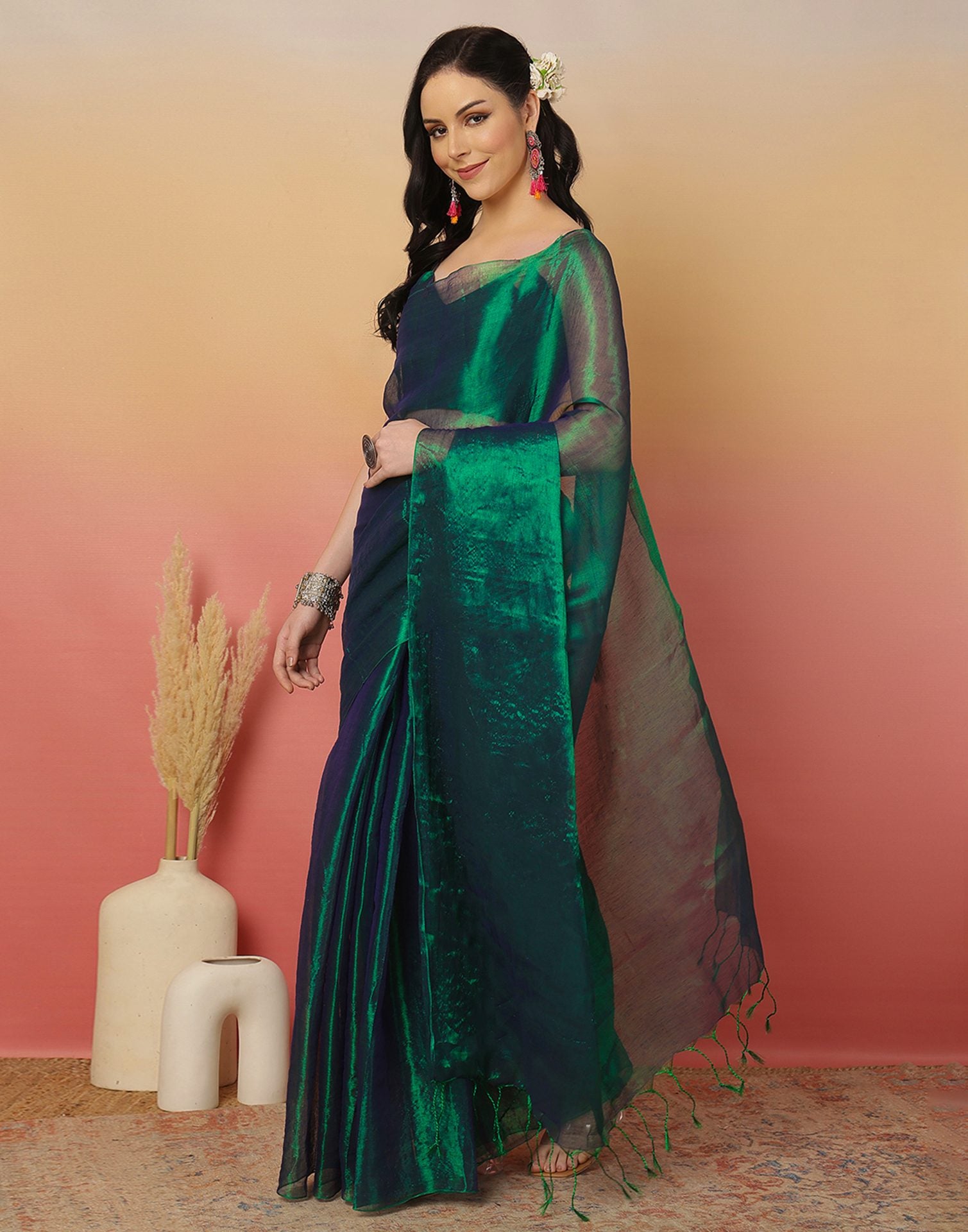 Peacock Green Tissue Silk Top Dyed Plain Saree