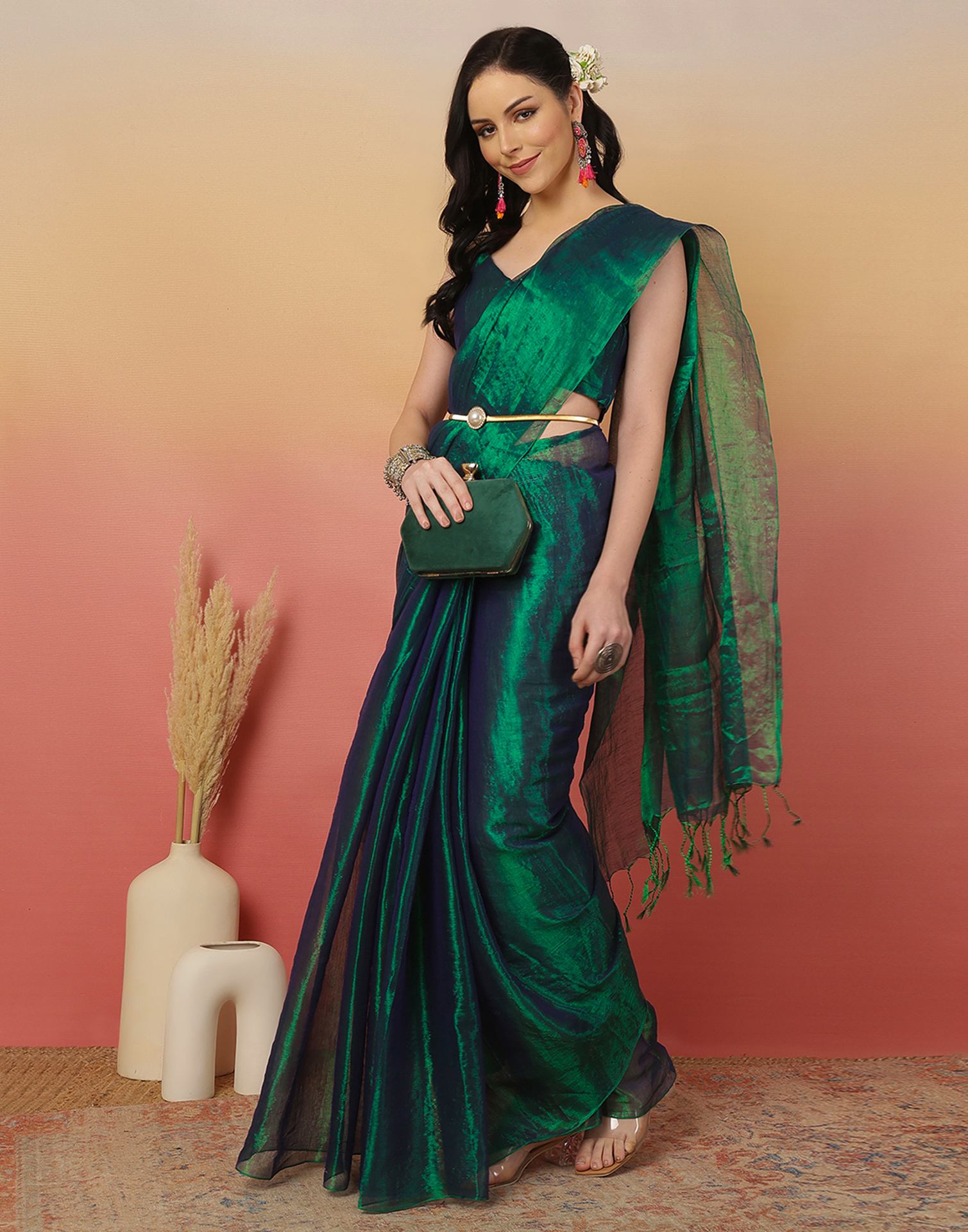 Peacock Green Tissue Silk Top Dyed Plain Saree
