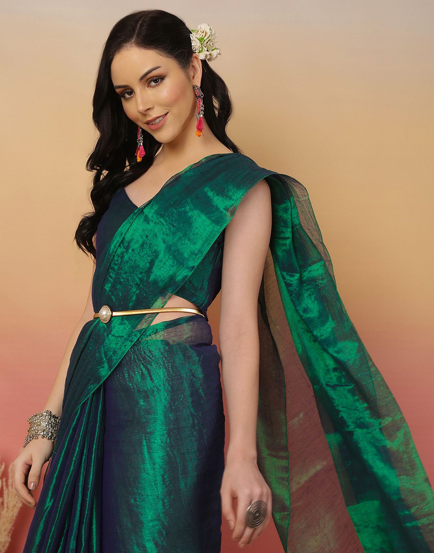 Peacock Green Tissue Silk Top Dyed Plain Saree