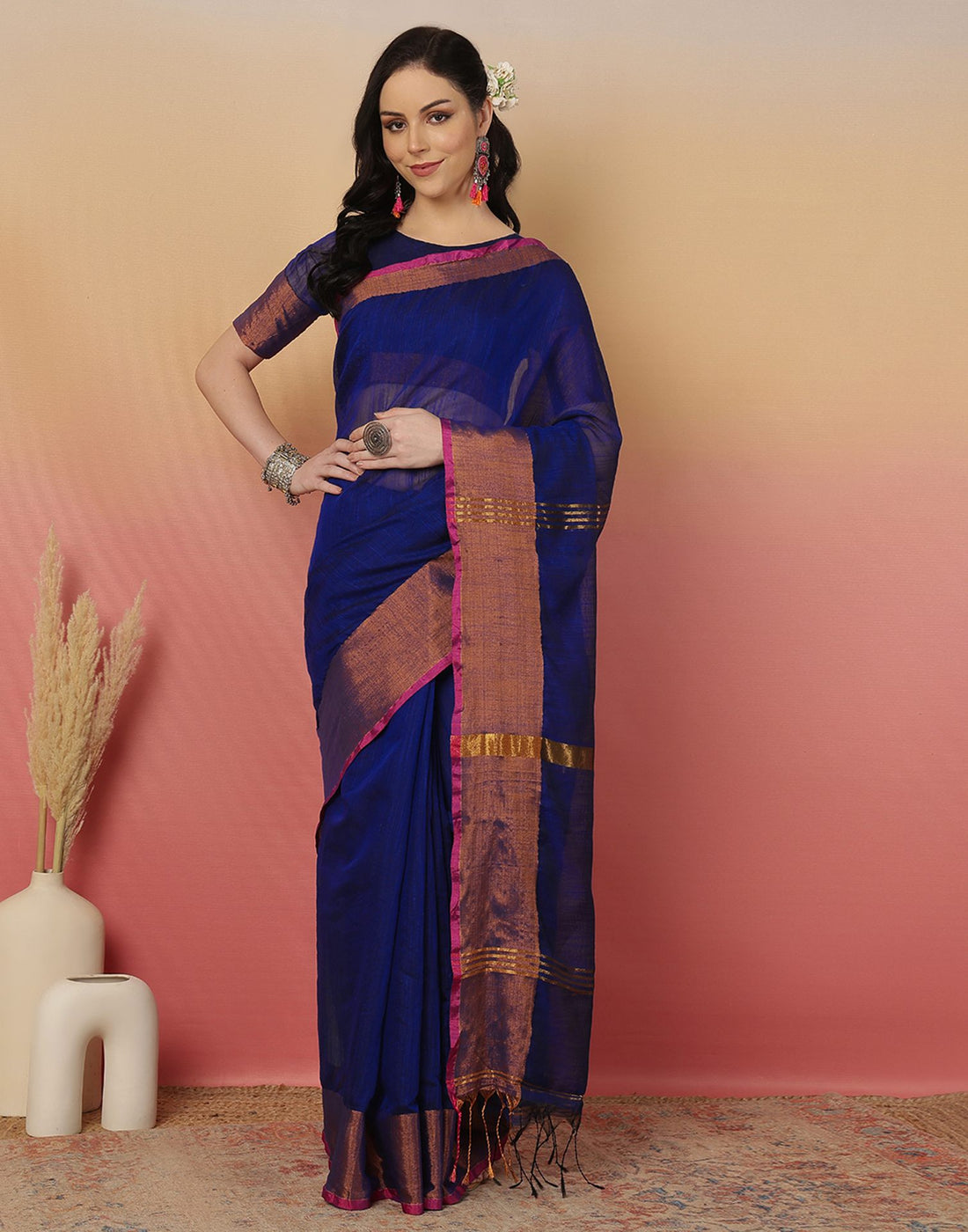 Dark Blue Cotton Zari Stripe Woven Saree