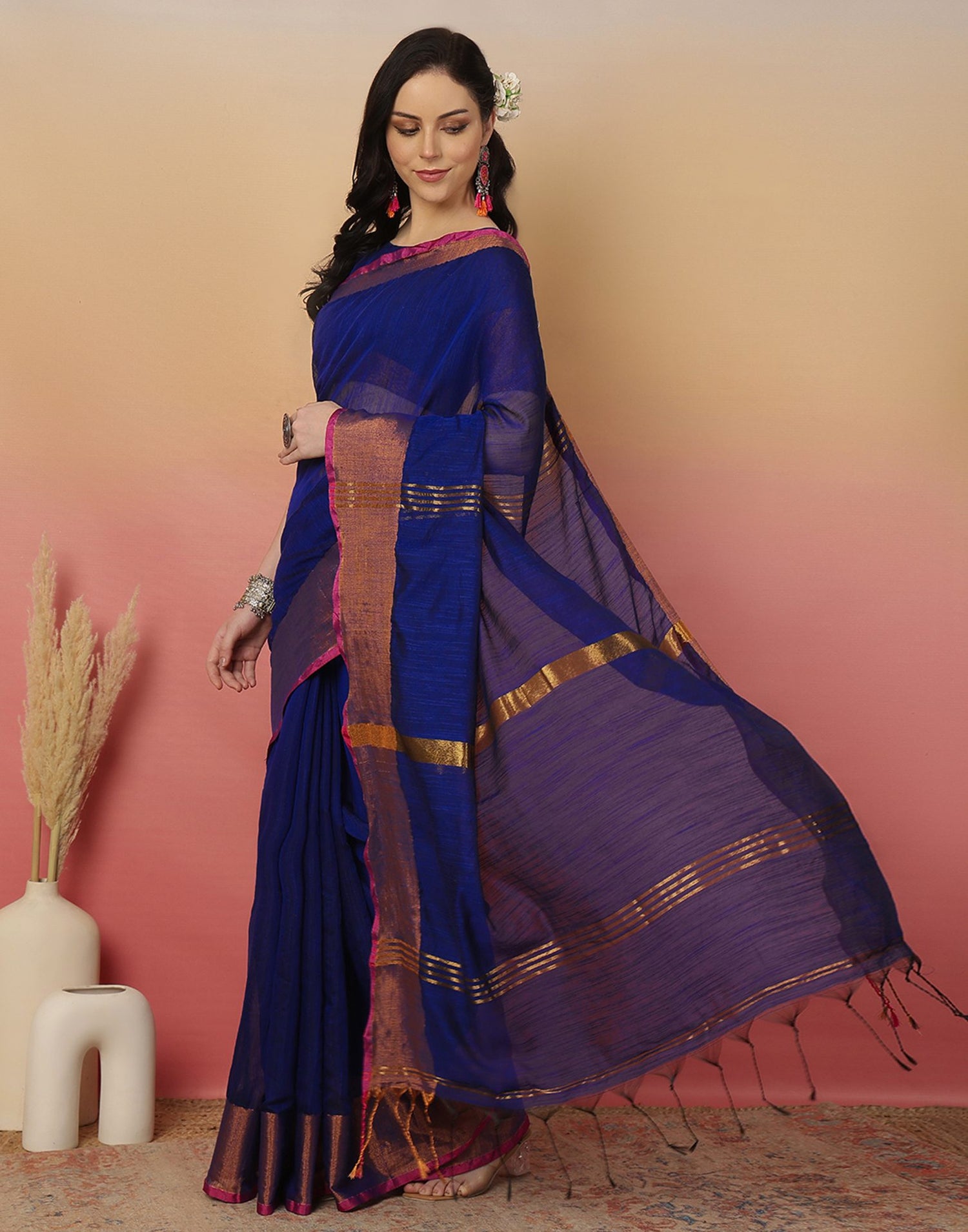 Dark Blue Cotton Zari Stripe Woven Saree