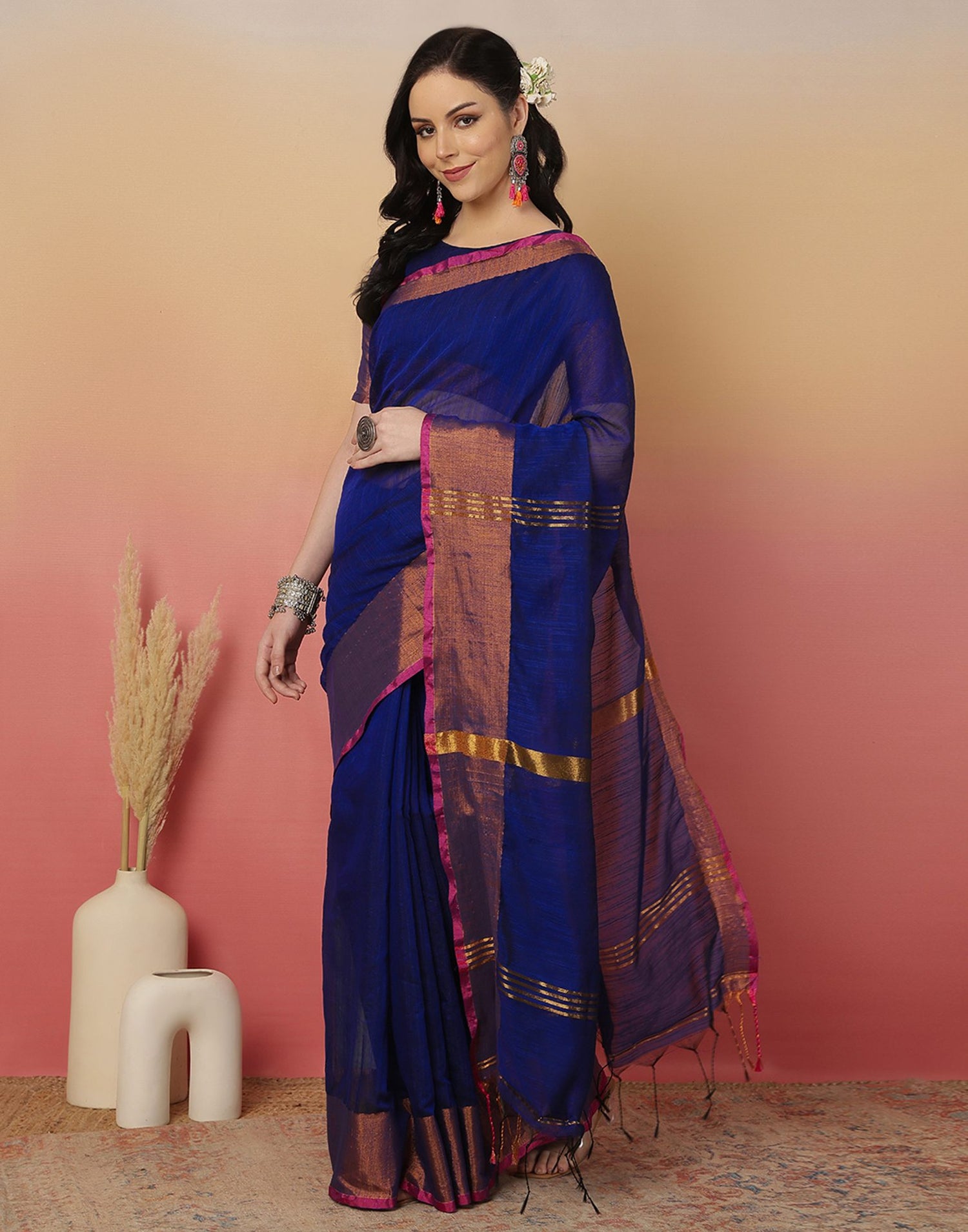 Dark Blue Cotton Zari Stripe Woven Saree
