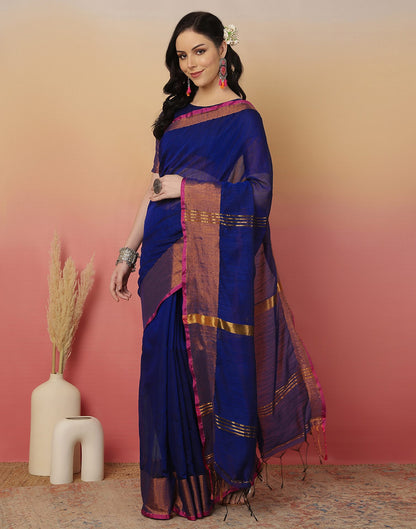 Dark Blue Cotton Zari Stripe Woven Saree