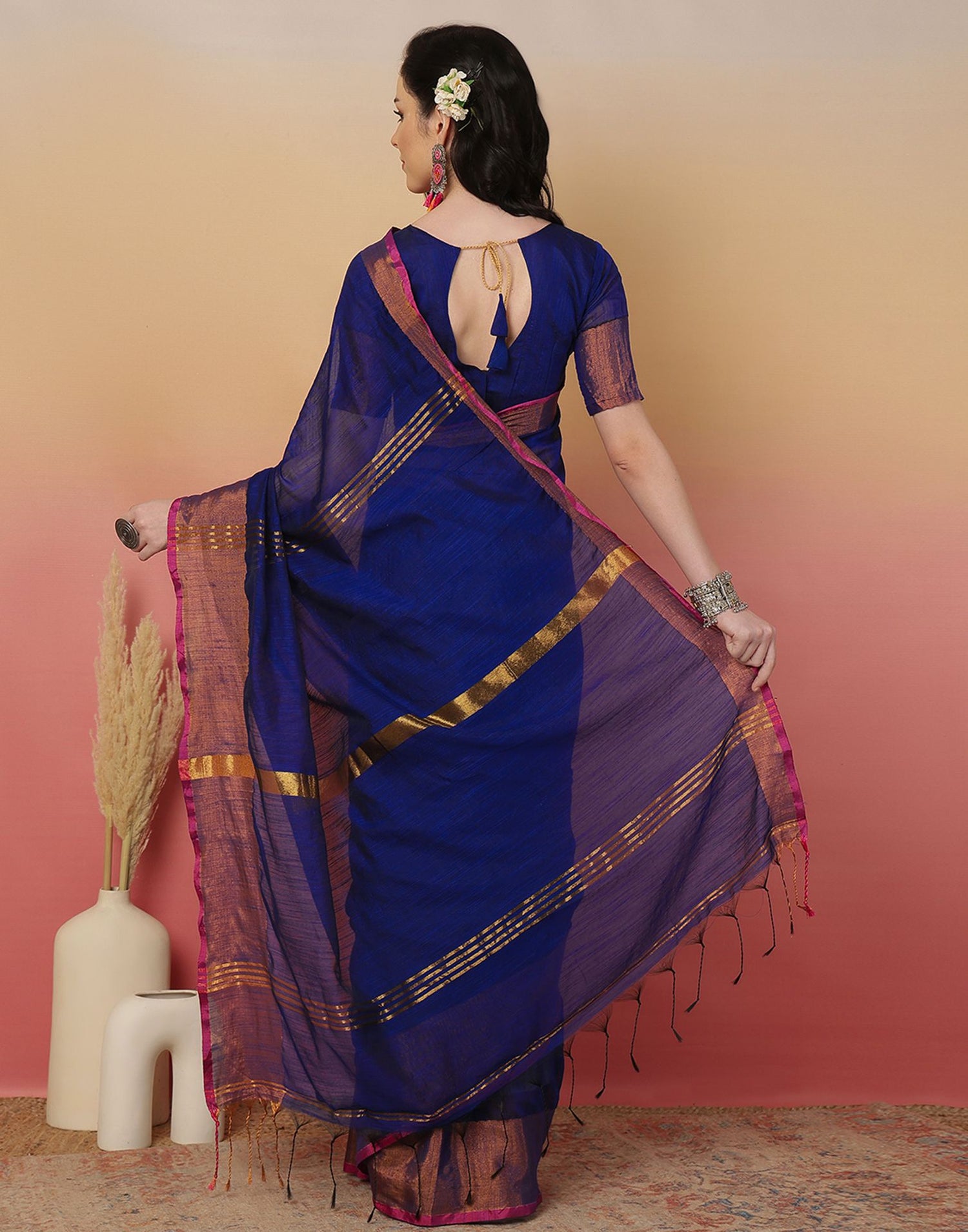 Dark Blue Cotton Zari Stripe Woven Saree