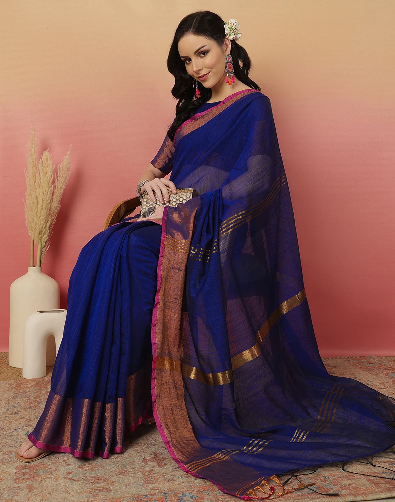Dark Blue Cotton Zari Stripe Woven Saree