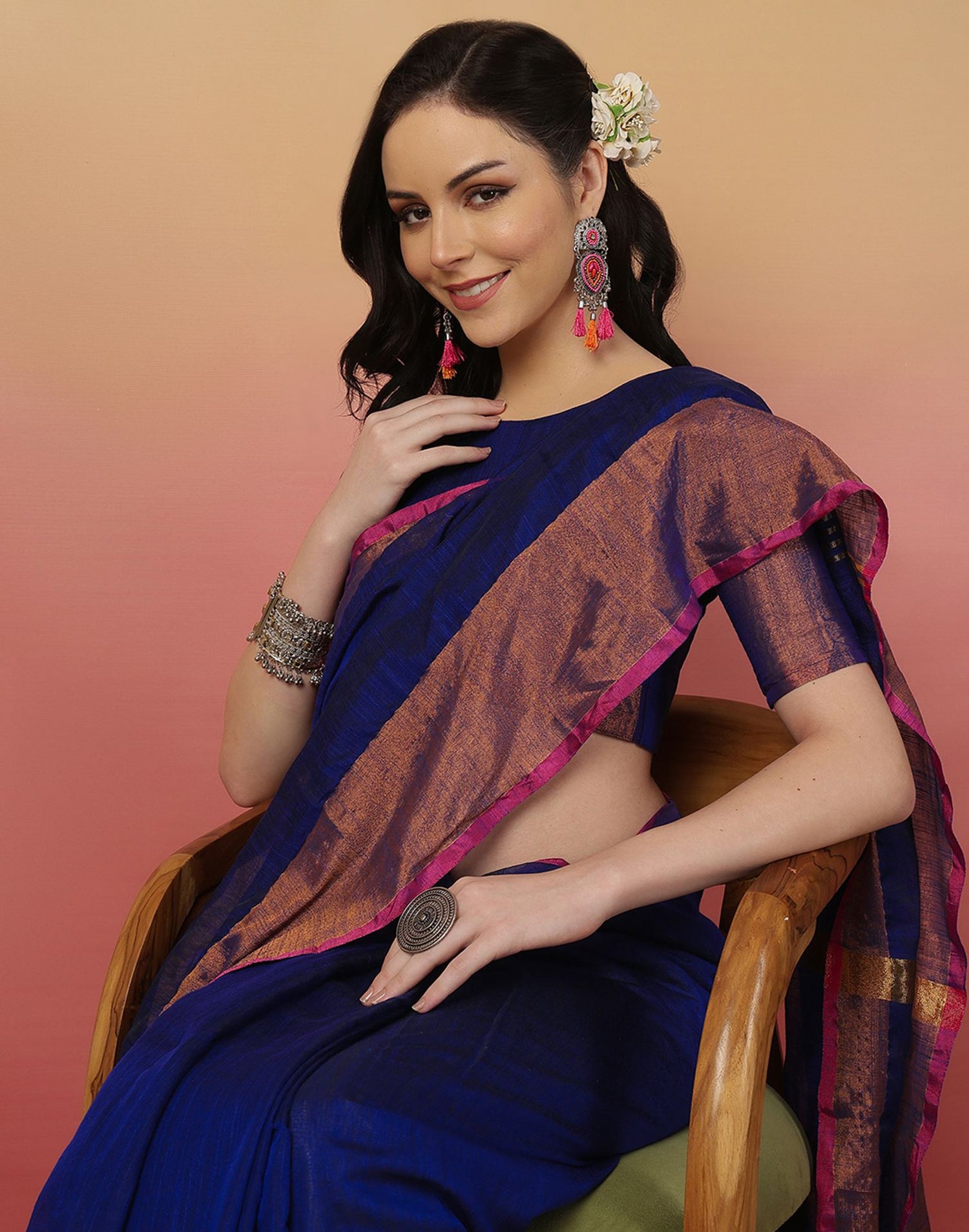 Dark Blue Cotton Zari Stripe Woven Saree