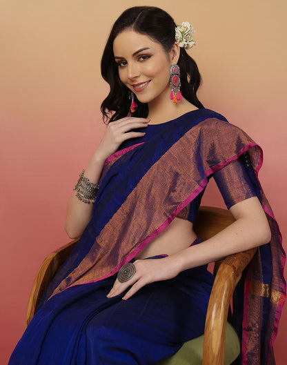 Dark Blue Cotton Zari Stripe Woven Saree
