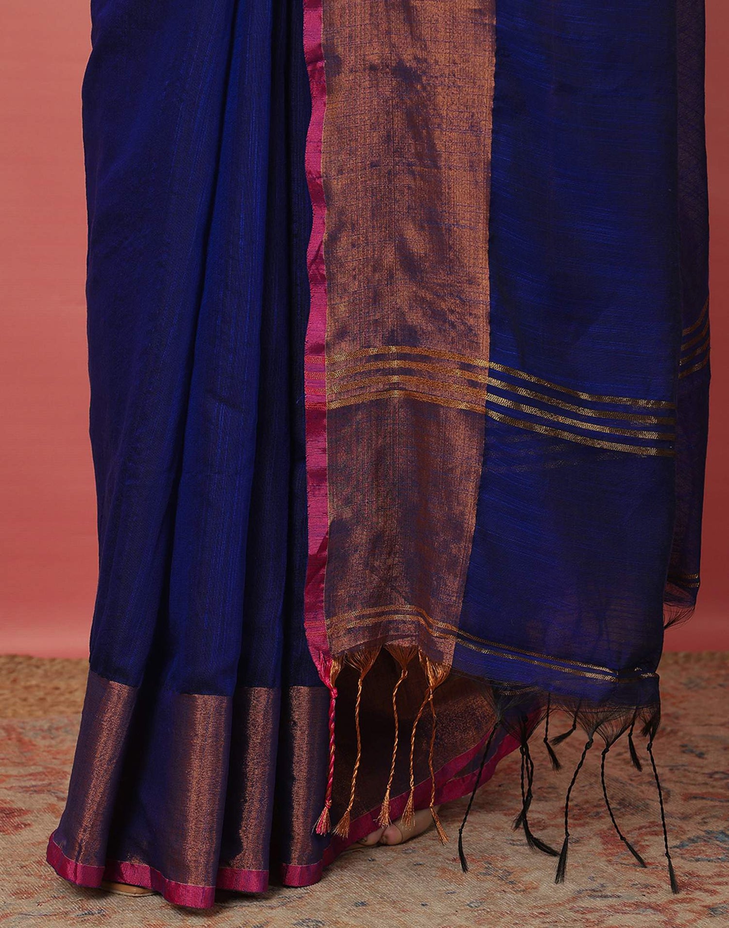 Dark Blue Cotton Zari Stripe Woven Saree