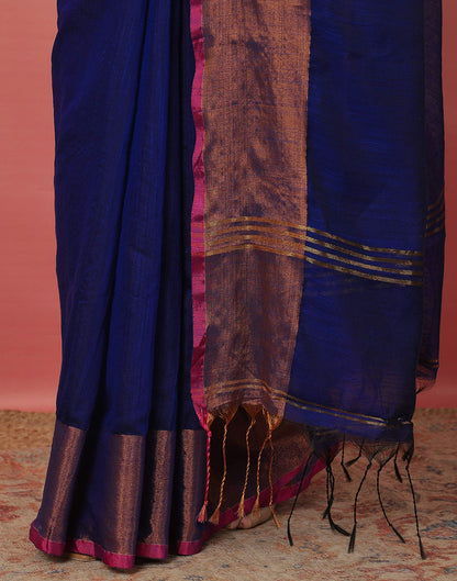 Dark Blue Cotton Zari Stripe Woven Saree