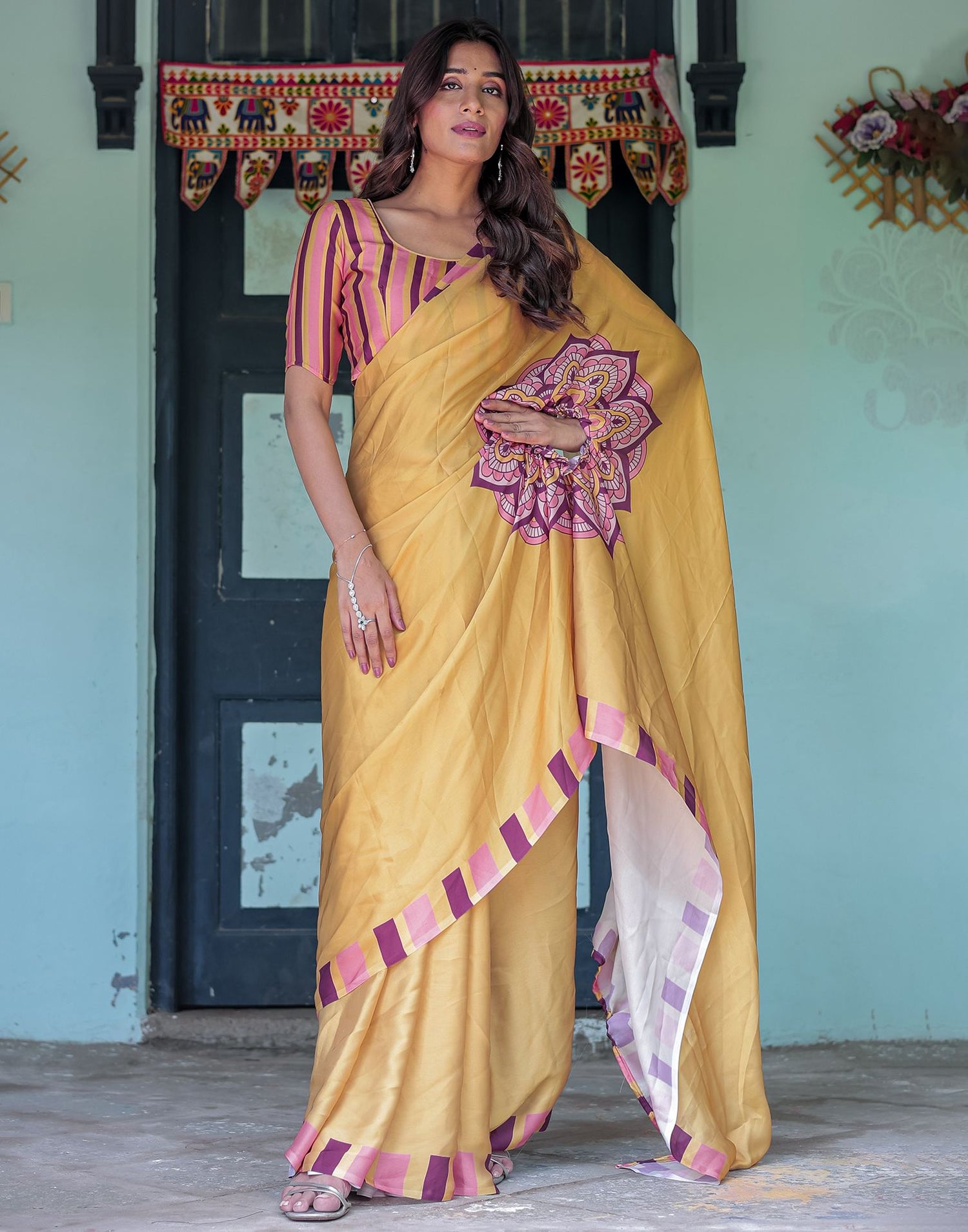 Handsfree Mustard Yellow Satin Printed Saree