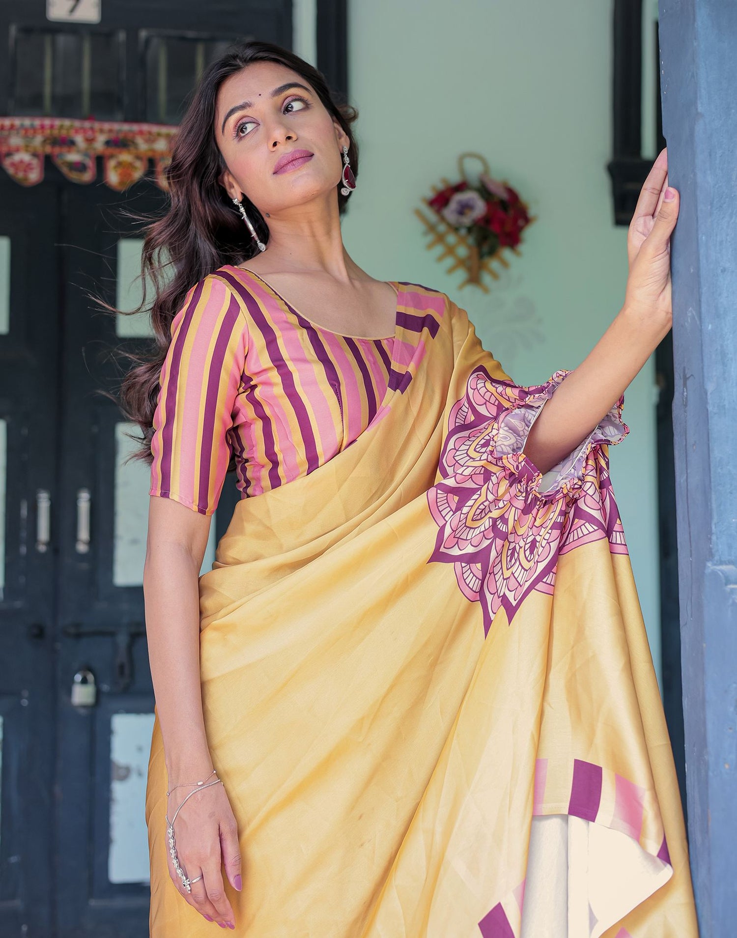 Handsfree Mustard Yellow Satin Printed Saree