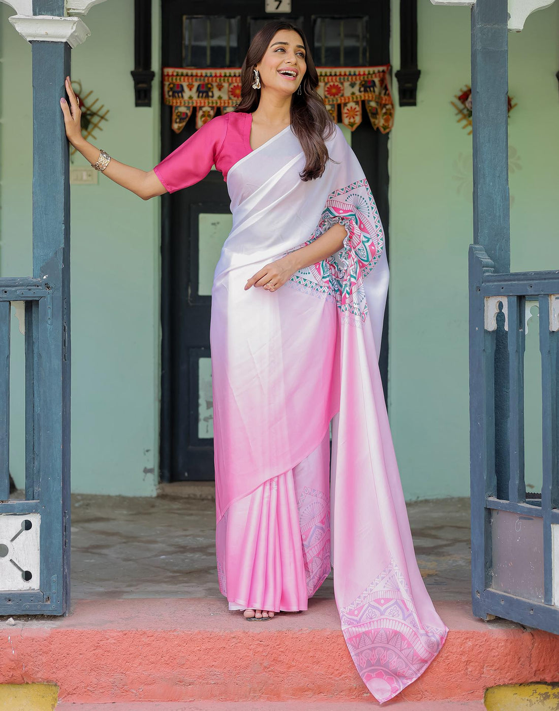 Handsfree White Satin Printed Saree