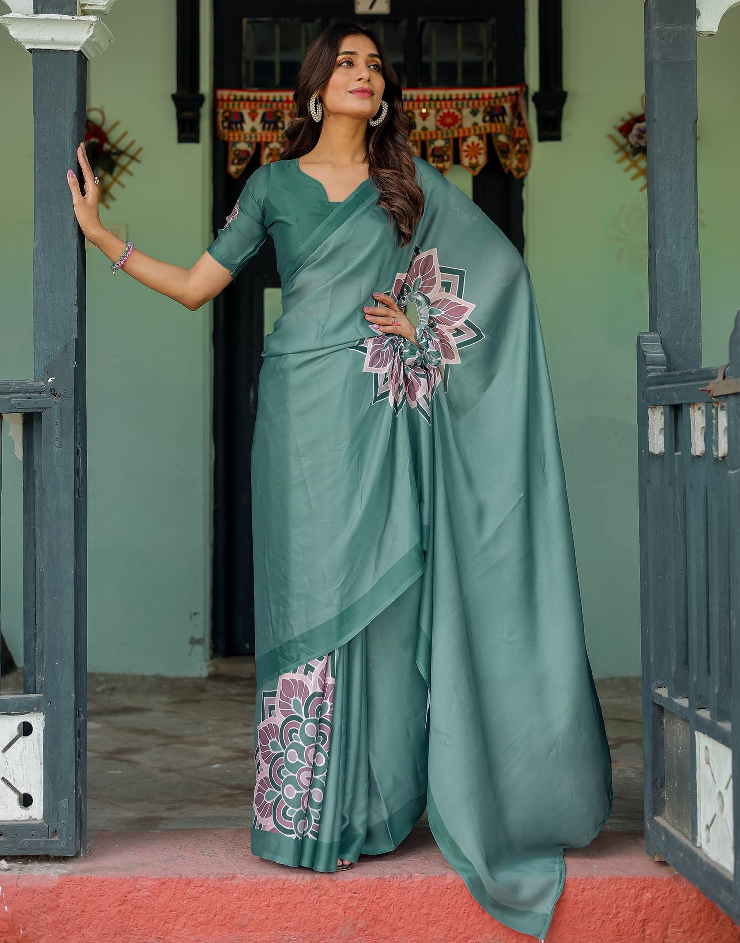 Handsfree Dusty Teal Green Satin Printed Saree