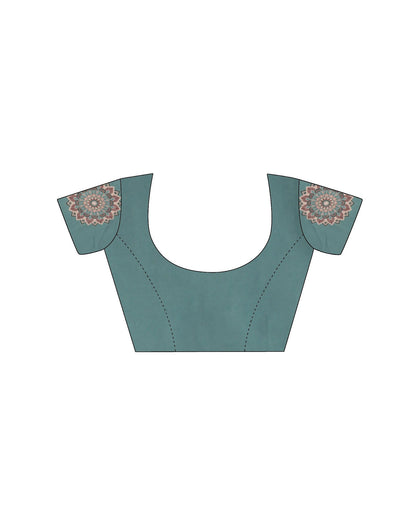 Handsfree Dusty Teal Green Satin Printed Saree
