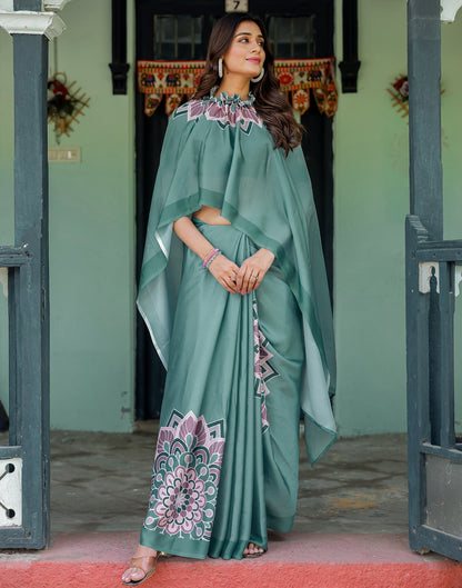 Handsfree Dusty Teal Green Satin Printed Saree