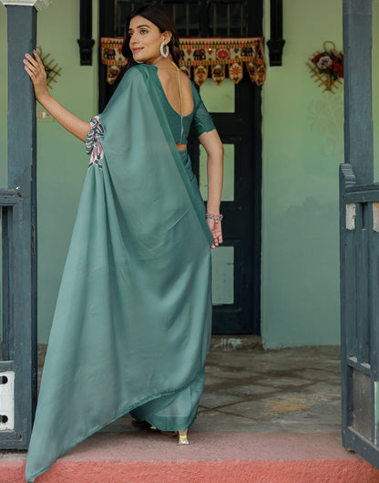 Handsfree Dusty Teal Green Satin Printed Saree