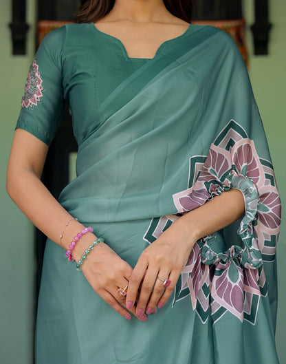 Handsfree Dusty Teal Green Satin Printed Saree