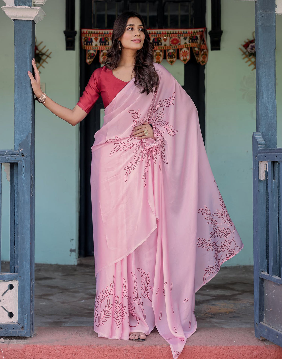 Handsfree Light Pink Satin Printed Saree