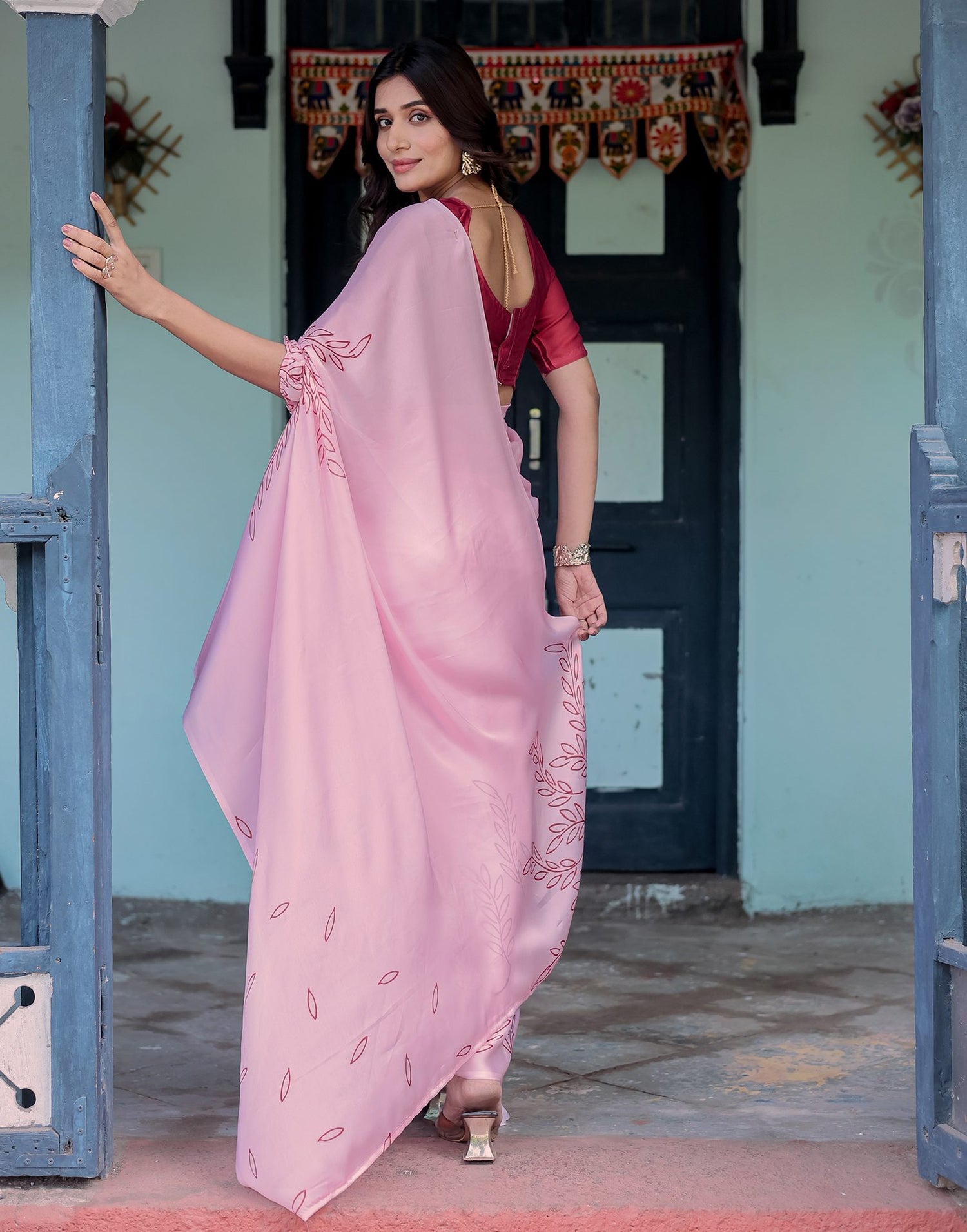 Handsfree Light Pink Satin Printed Saree