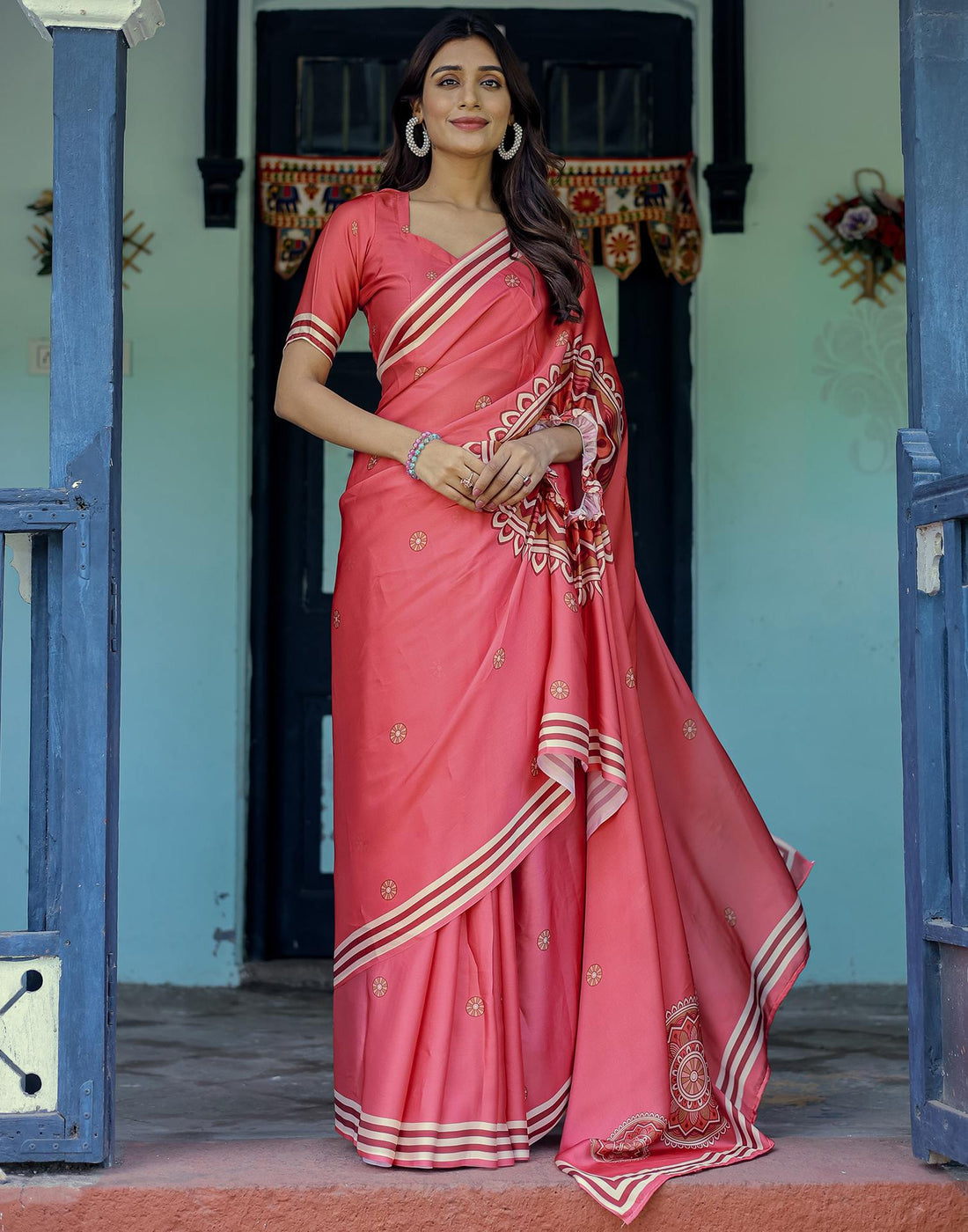 Handsfree Light Red Satin Printed Saree