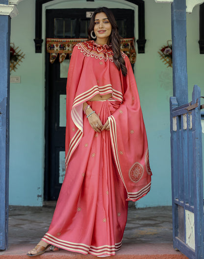 Handsfree Light Red Satin Printed Saree
