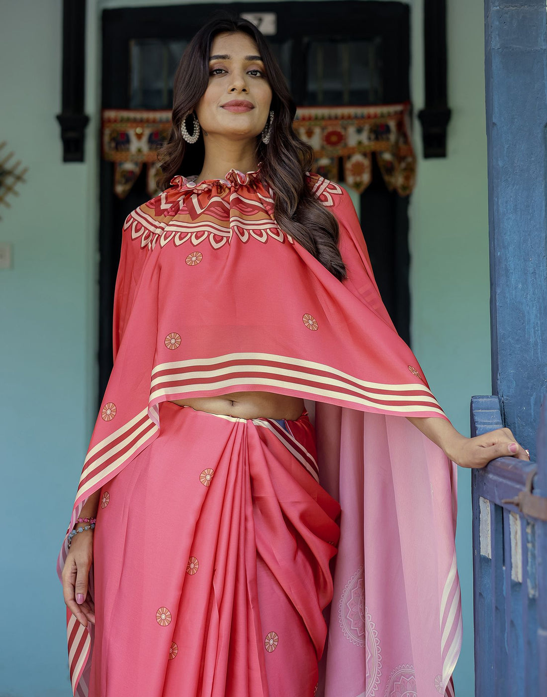 Handsfree Light Red Satin Printed Saree