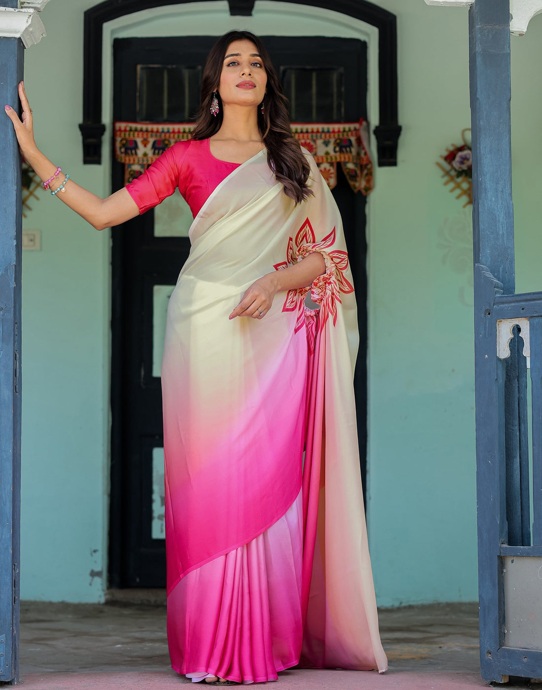 Handsfree White Satin Printed Saree