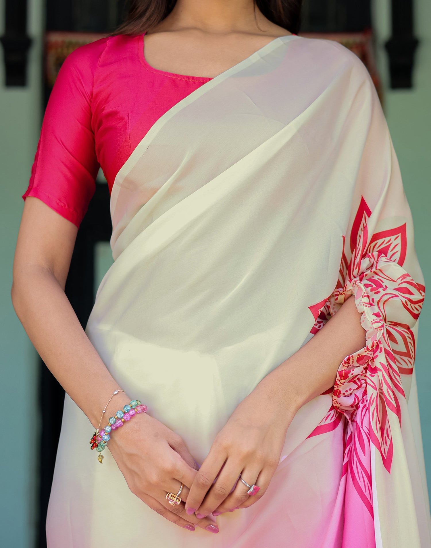 Handsfree White Satin Printed Saree