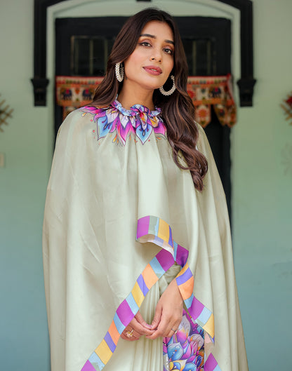 Handsfree Off White Satin Printed Saree