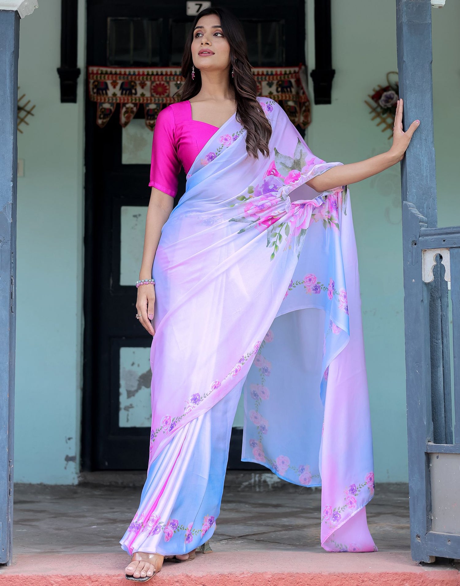 Handsfree Baby Pink Satin Floral Printed Saree