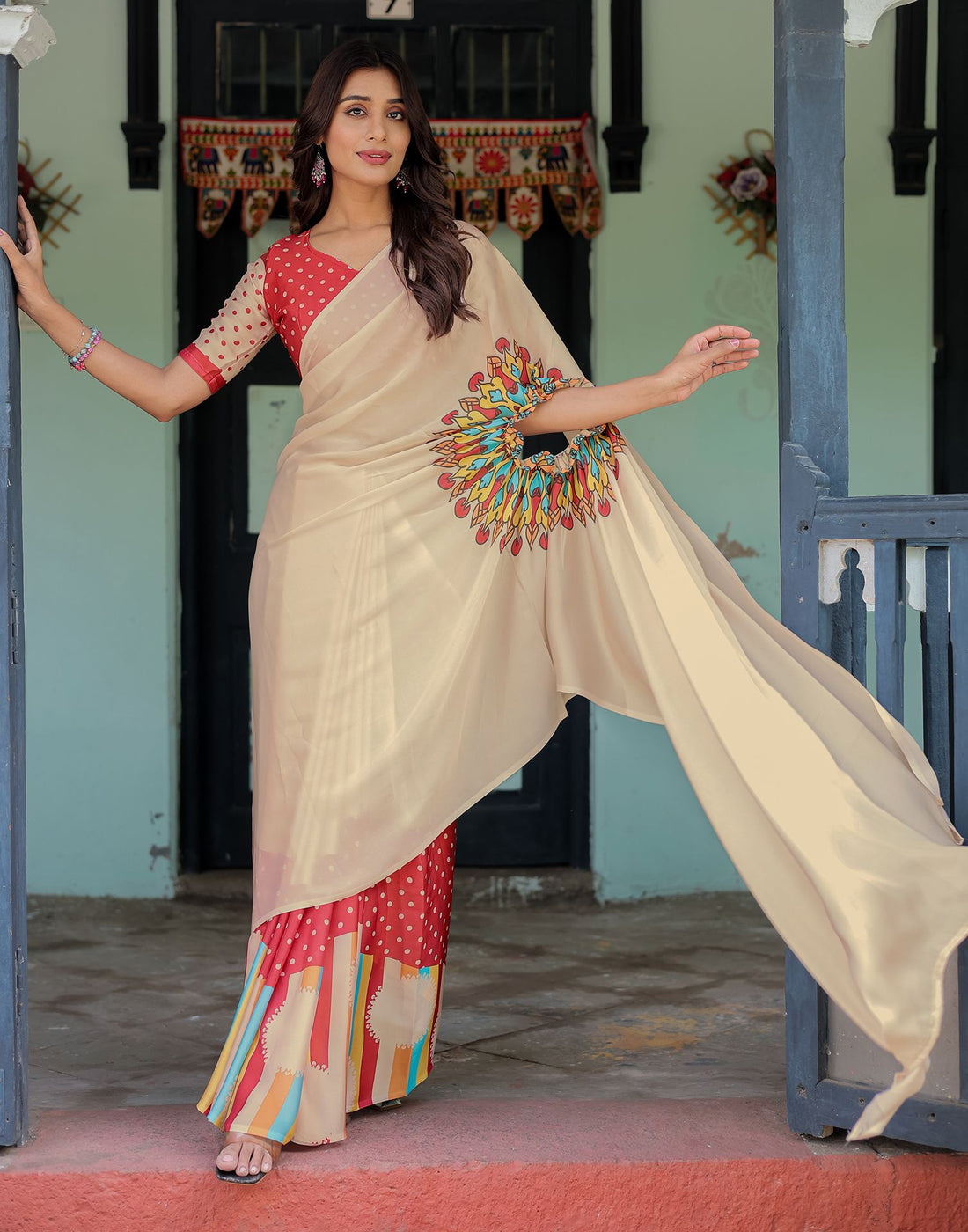 Handsfree Cream Satin Printed Saree