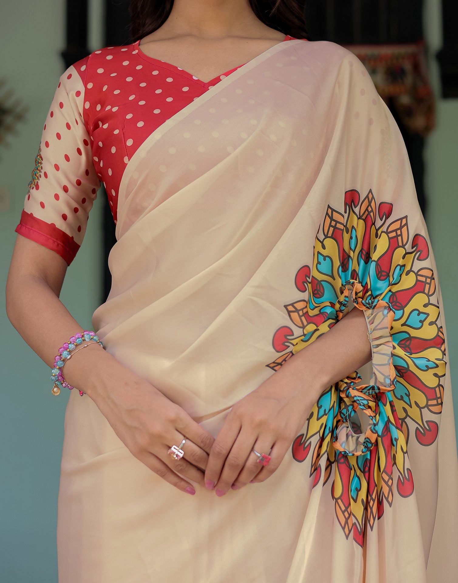 Handsfree Cream Satin Printed Saree