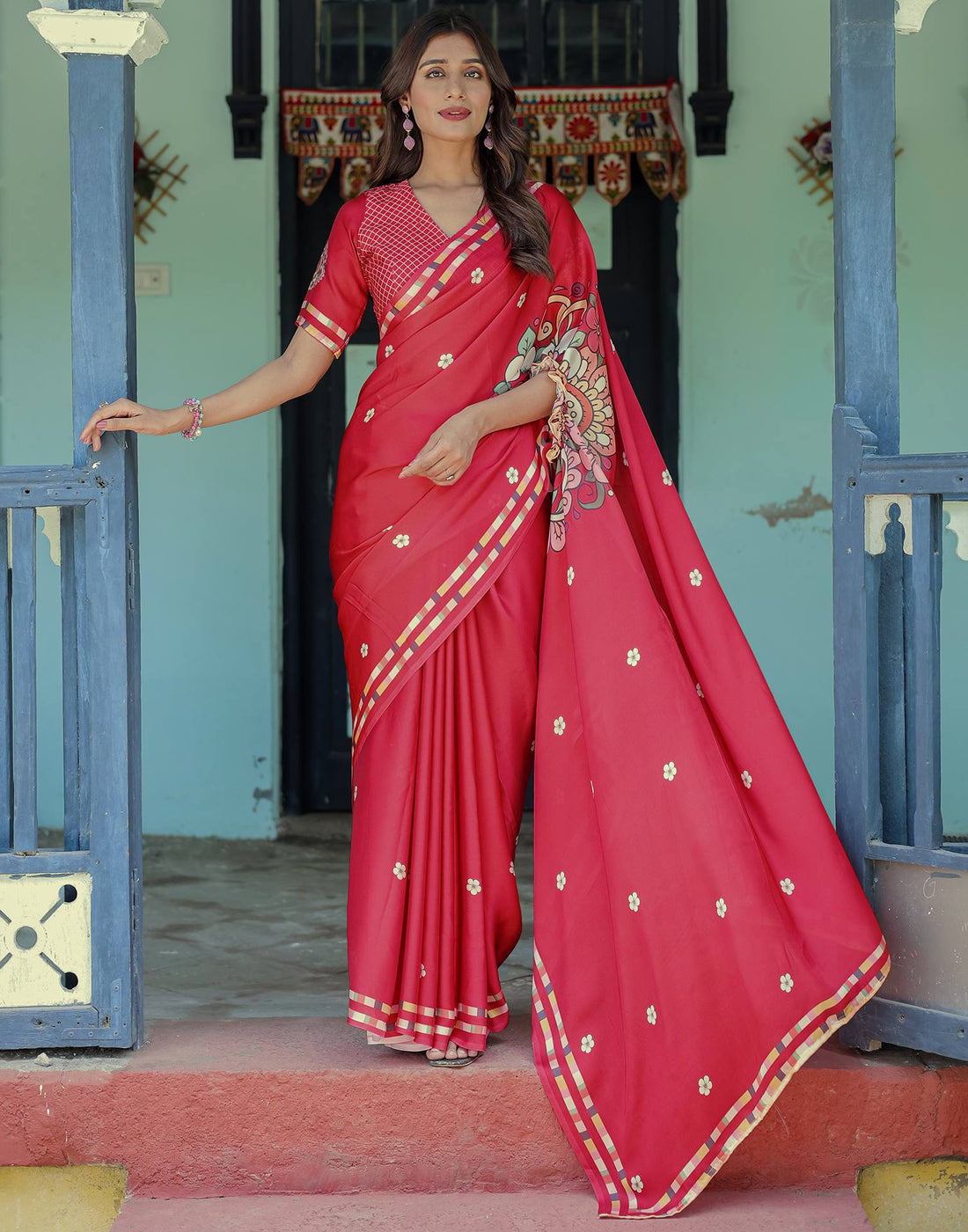 Handsfree Red Satin Floral Printed Saree