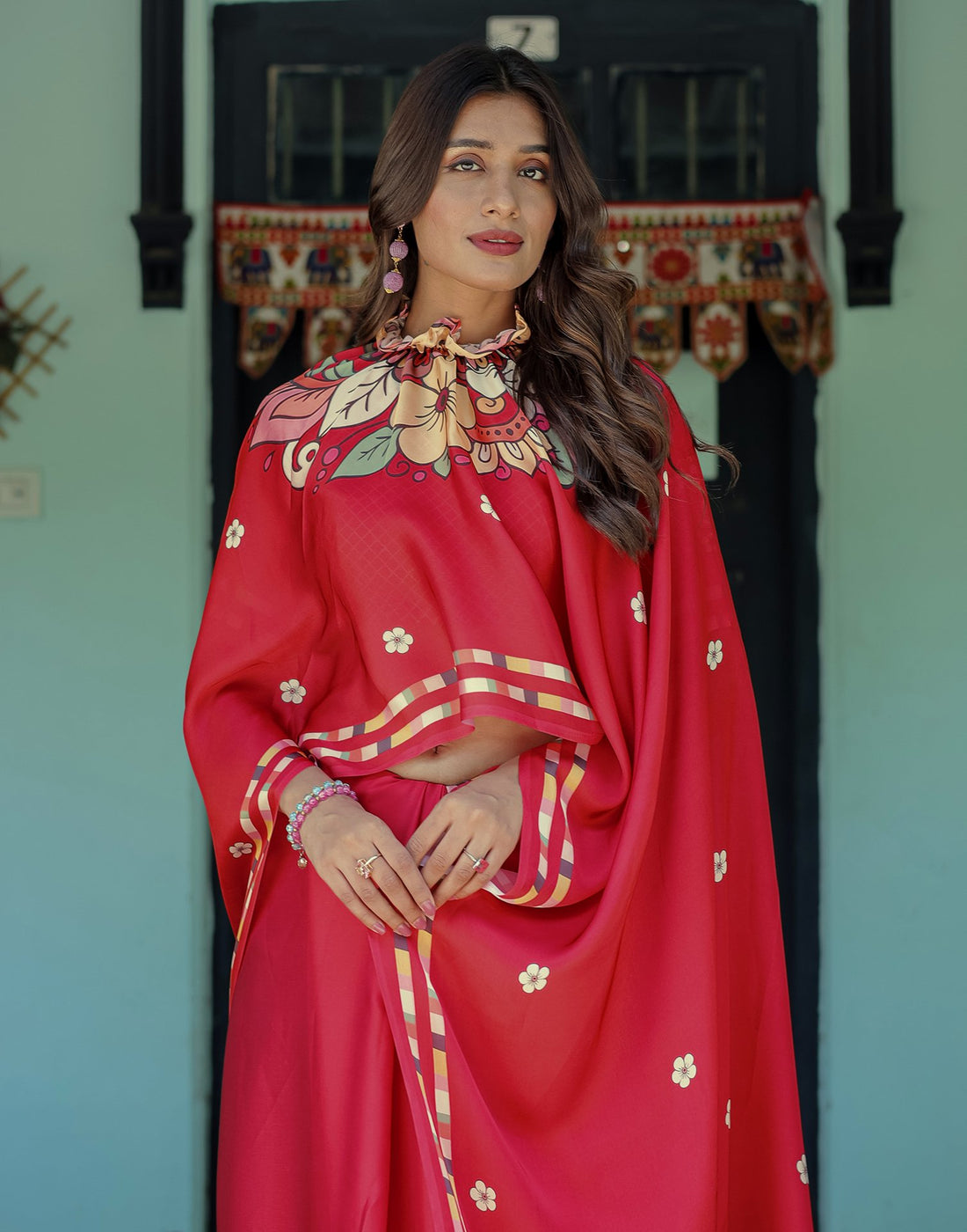 Handsfree Red Satin Floral Printed Saree