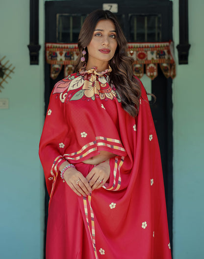 Handsfree Red Satin Floral Printed Saree