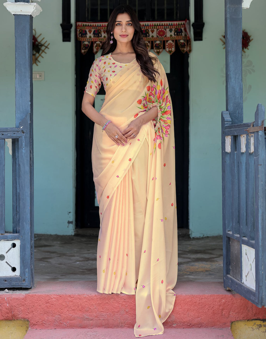 Handsfree Cream Satin Floral Printed Saree
