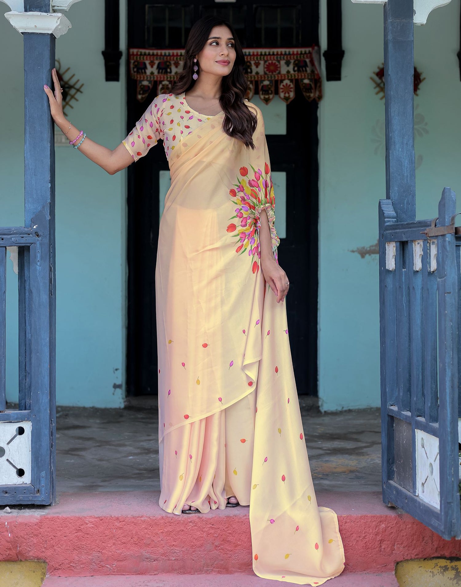 Handsfree Cream Satin Floral Printed Saree