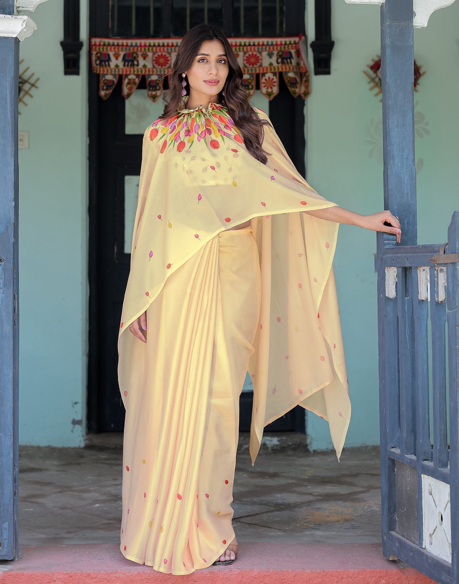 Handsfree Cream Satin Floral Printed Saree