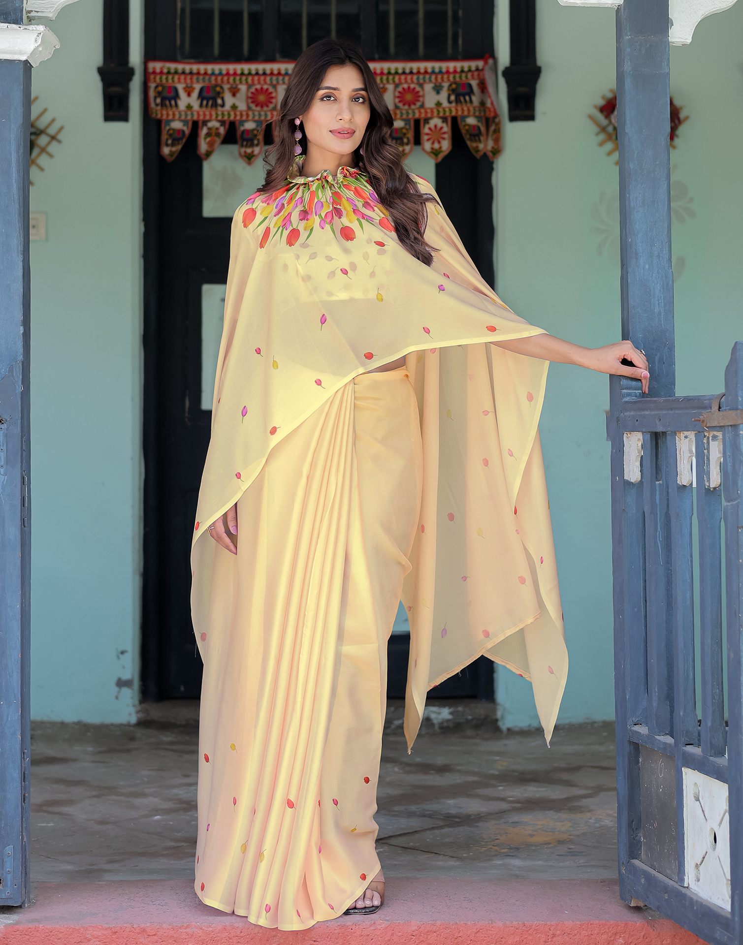 Handsfree Cream Satin Floral Printed Saree