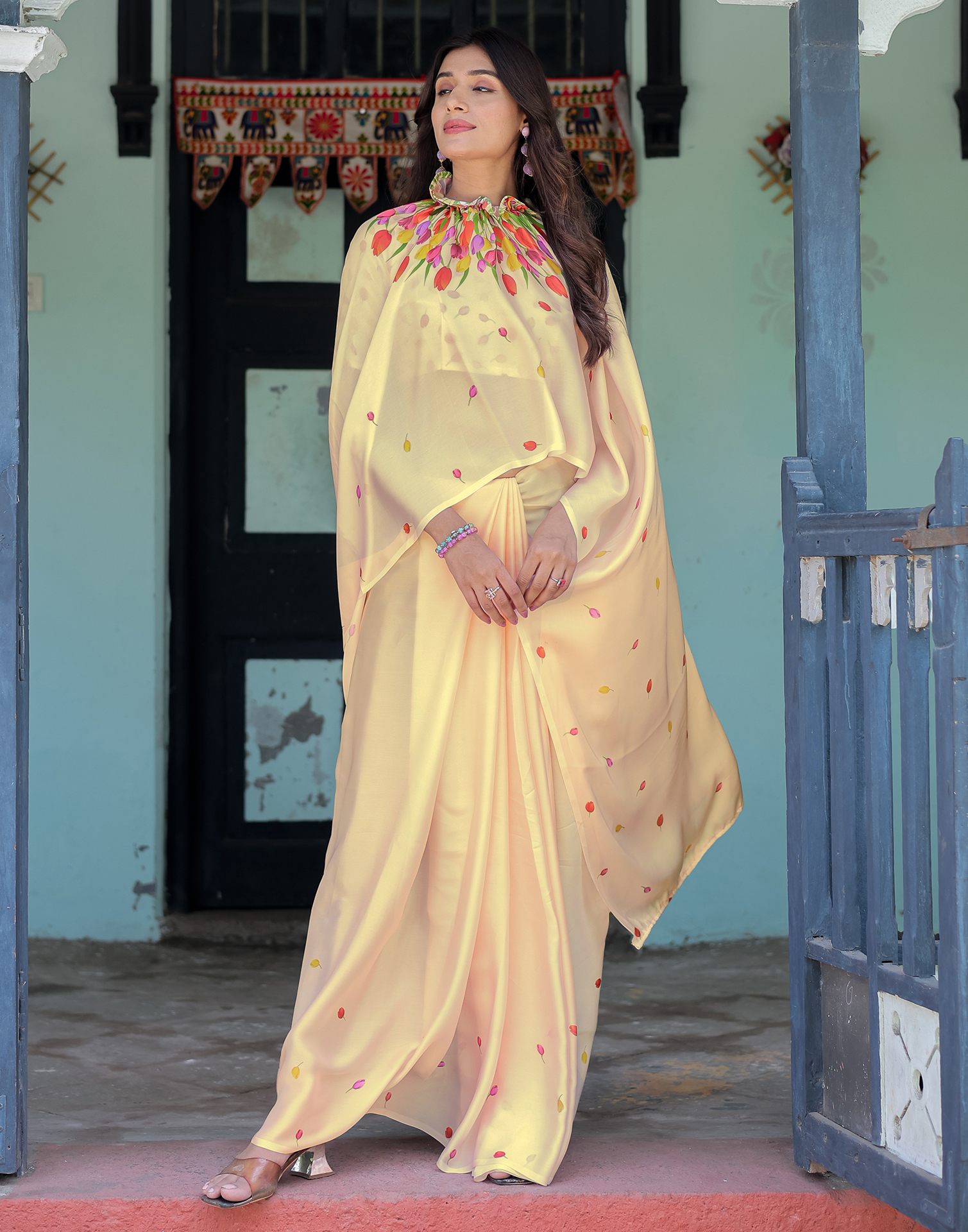 Handsfree Cream Satin Floral Printed Saree