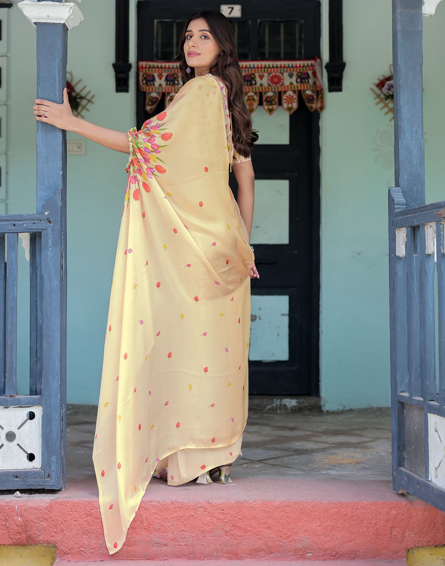Handsfree Cream Satin Floral Printed Saree