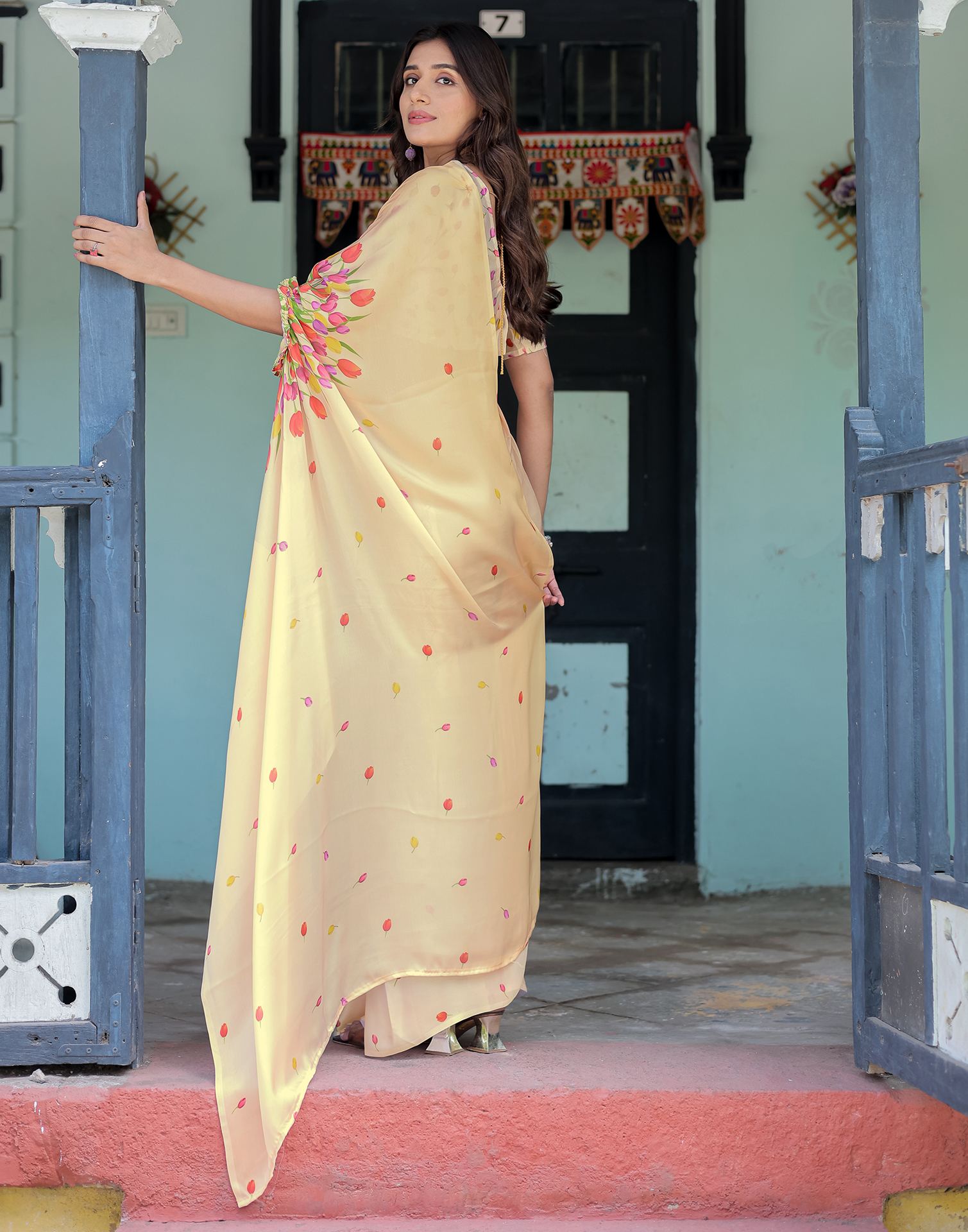 Handsfree Cream Satin Floral Printed Saree